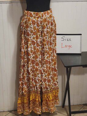 Boho Floral Button Front Maxi Skirt Size Large Annva USA